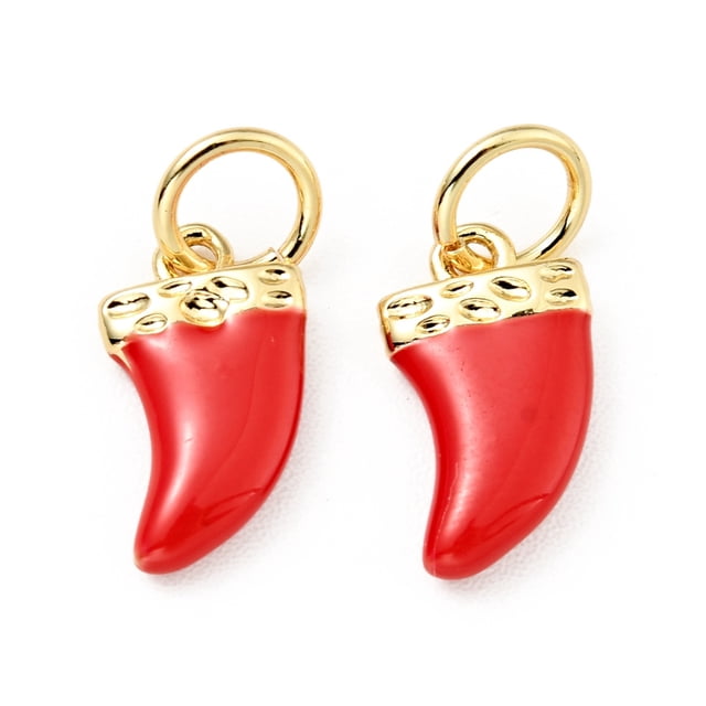 Brass Enamel Charms with Jump Rings Cadmium Free & Lead Free Real 18K Gold Plated Scabbard/Tusk Shape Red 14.5mm Hole: 3.3mm