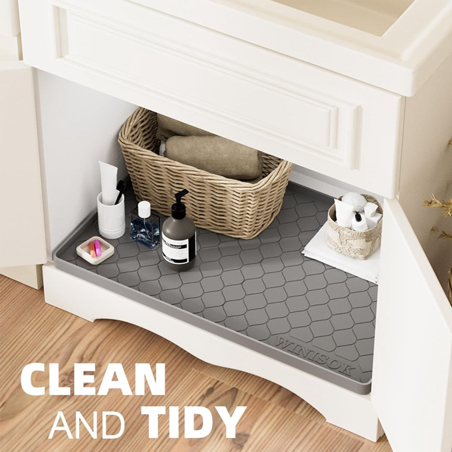 Silicone Under Sink Mat 34" x 22" kitchen Essentials and Gadgets Shelf liner Cabinet Protector Home Organizers Storage Waterproof Bathroom Tray
