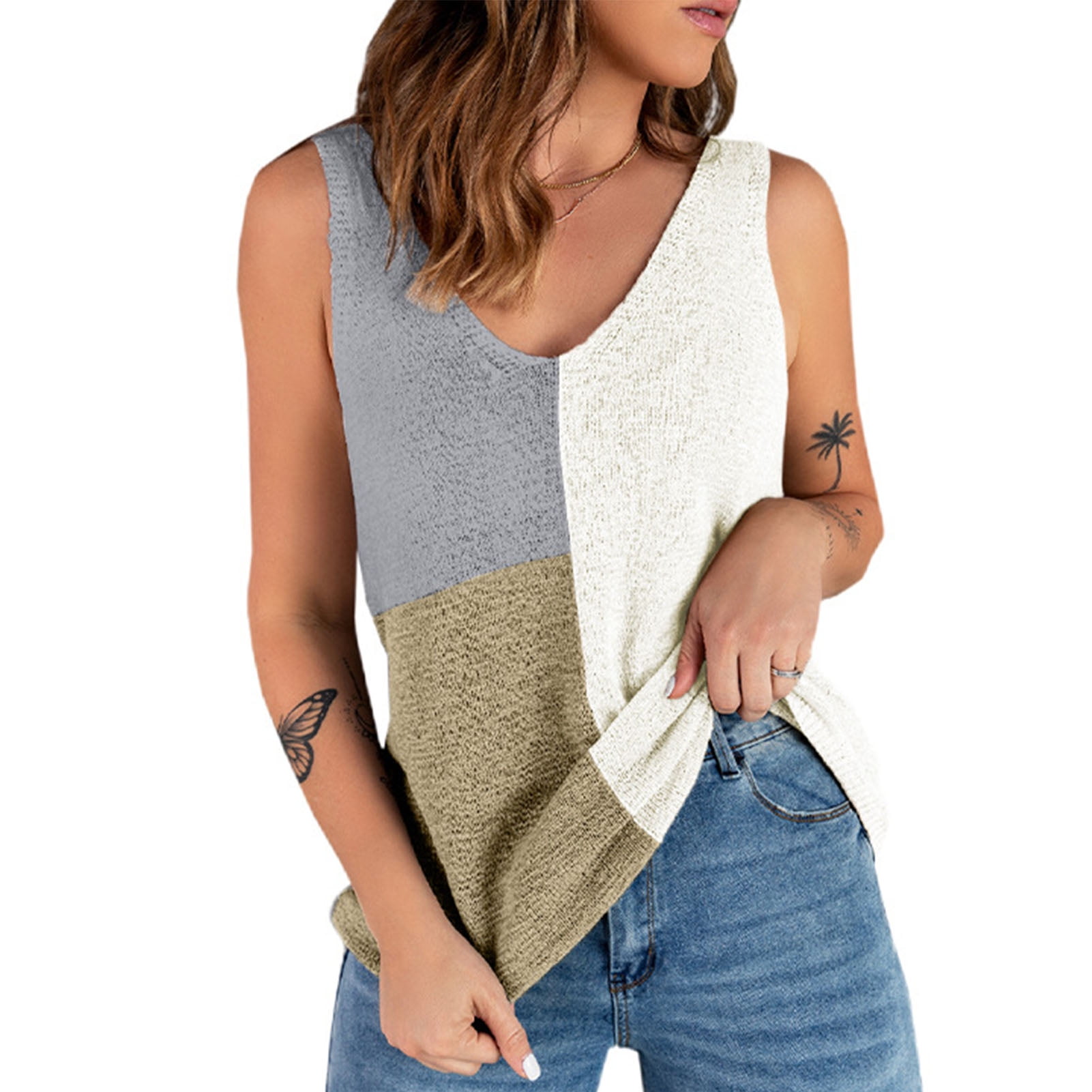 V Neck Knit Tank Top, Loose Type Sleeveless Knit Tank Top Color