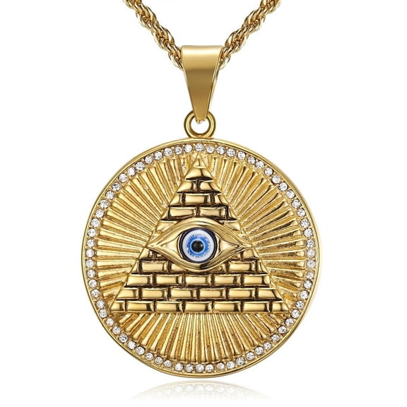 NEGS 18K Gold Plated Blue Evil Eye on Pyramid Egyptian Pendant 24'' Chain Stainless Steel Necklace for Men Women