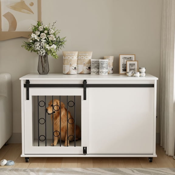 TIMOREN 39.37'' Modern Wooden Dog Crate Furniture,  Indoor Pet Kennel End Table with Sliding Barn Door and Side Door,  with Metal Bars and Lockable Wheels, Dog Cage for Small to Medium Dogs, White