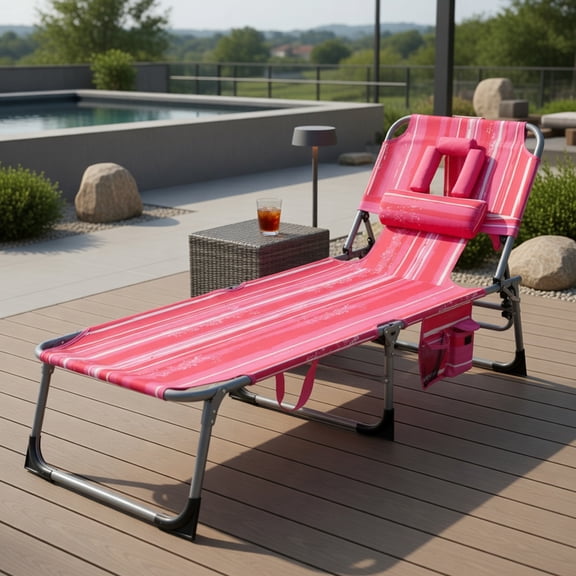 Demi Bonn Patio Folding Beach Lounge Chair with Pillow for Outdoor Pool, Sunbathing and Reading on Stomach, Pink