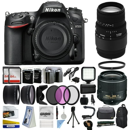 Nikon D7200 DSLR Digital Camera with 18-55mm VR II + Sigma 70-300mm Lens + 128GB Memory + 2 Batteries + Charger + LED Video Light + Backpack + Case + Filters + Auxiliary Lenses + More!