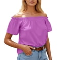 thumbnail image 2 of Cnbwig Womens Tops Off Shoulder Blouse Elegant Ruffle Hem Solid Color T Shirt Casual Summer with Flowy Short Sleeves, 2 of 6
