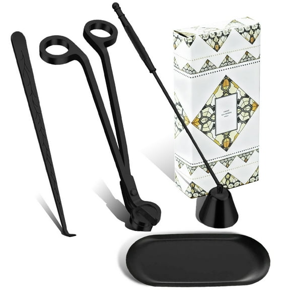 RYLZX 4 in1 Candle Accessory Set with Storage Tray Plate, Candle Wick Trimmer, Candle Wick Snuffer, Candle Wick Dipper, Great for Scented Candles Lovers (Matte Black)