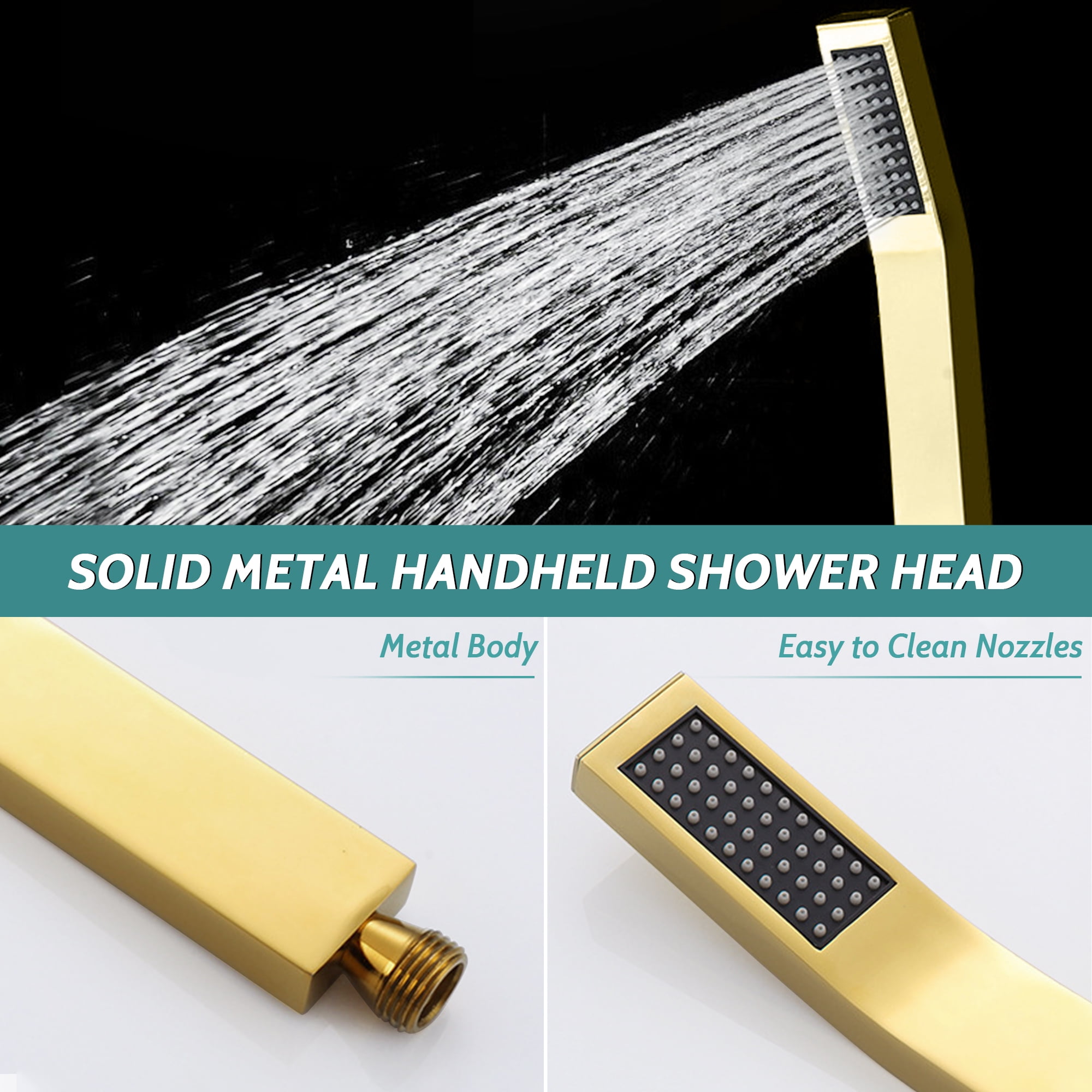 All Metal Dual Square Shower Head Combo, Rain Shower Head with Handheld Shower Wand and Extra Long Flexible Hose (Polished Brass)