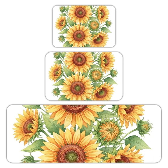 RKSupls Kitchen Rug Set 3 Piece Anti-Slip Flannel Floor Mats, Sunflower Botanical Washable Absorbent Runner Mats for Kitchen Bathroom Home Decor
