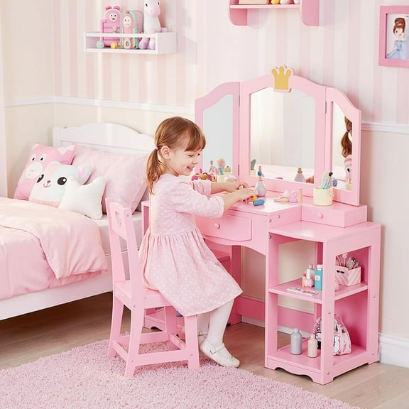 Matladin Kids Vanity Table and Chair Set with Tri-Fold Mirror & Stool, Extra-Wide Kids Vanity Set, Princess Dressing Table for Girls Ages 3-8