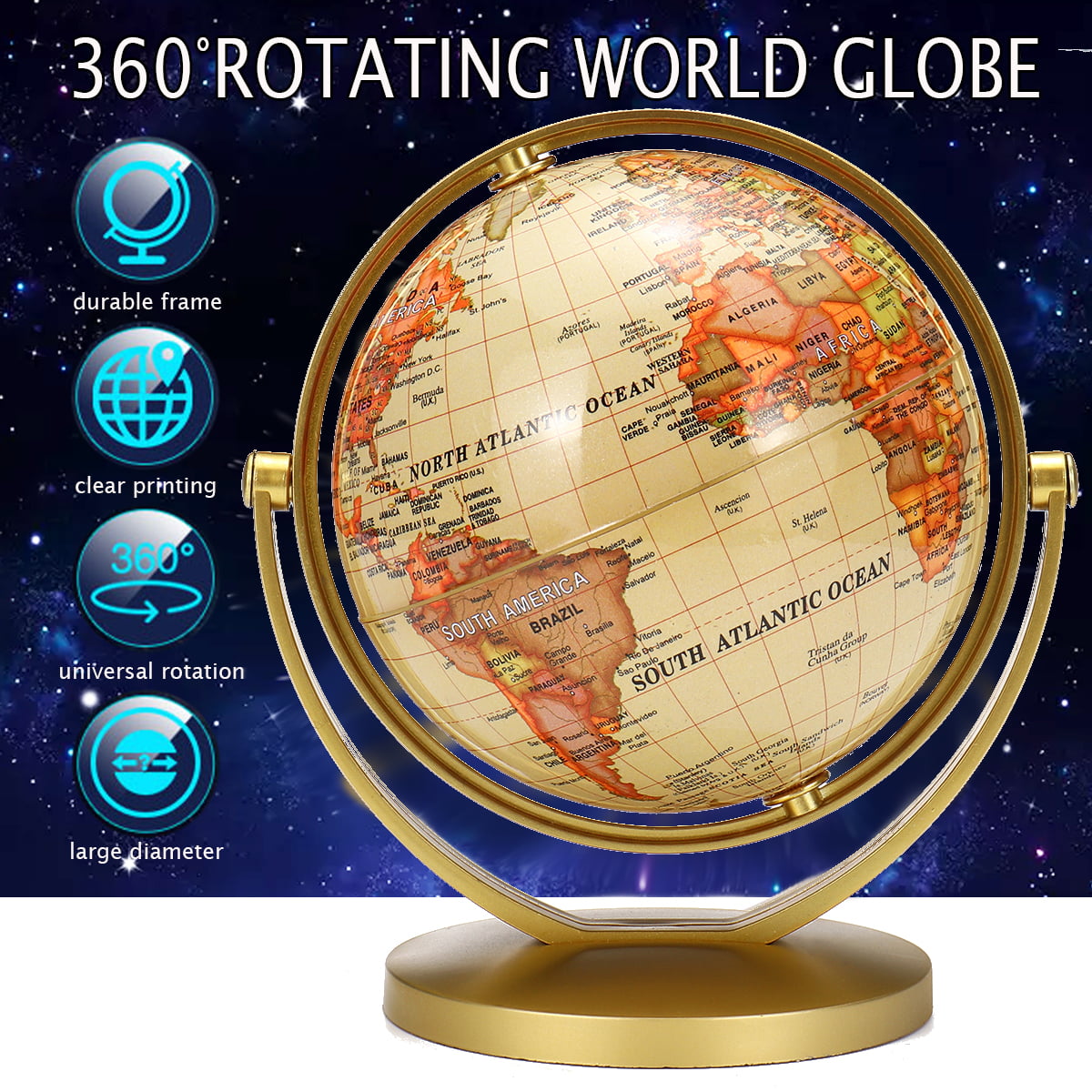 360° Rotating World Globe Earth Map Geography Education Toy Gift Desktop 