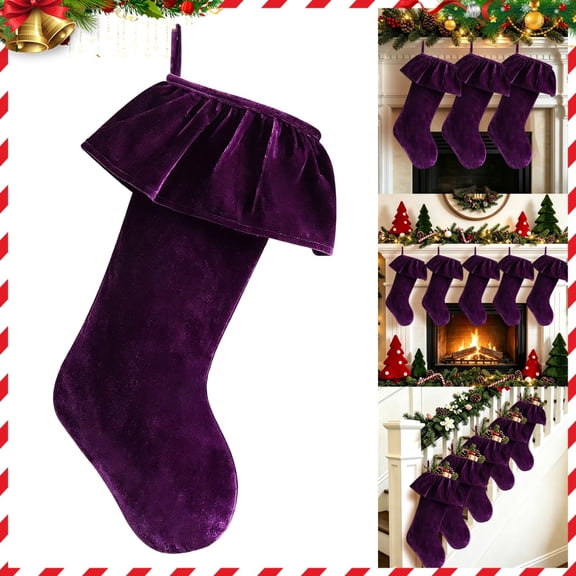 Velvet Christmas Stockings with Cuff, Large Christmas Stocking with Hanging Loop, Fireplace Mantel Holiday Decoration, Family Gift Bag(F-Purple)