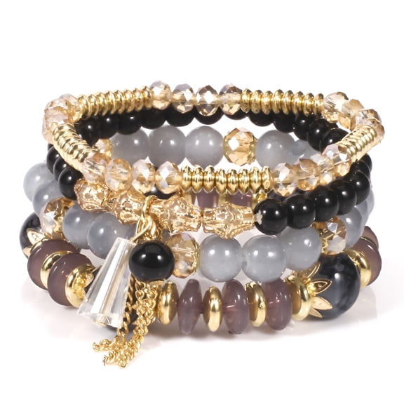 DESIGNICE 6 Sets/24Pcs Boho Faux Agate Pearl Tassel Chain Charm Beaded Bracelet Women Jewelry Boho Bracelets for Women,Black