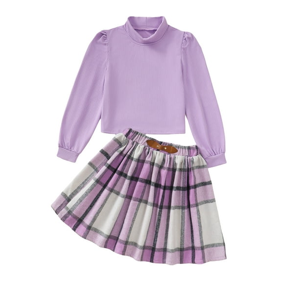 Kucnuzki 9 Years Big Girls Outfit Sets 10 Years Youth Kid Child Girl Skirt Set Pullover Long Sleeves Solid Color Knitted Top Plaid Pleated Skirts 2pcs Warm Clothing Purple