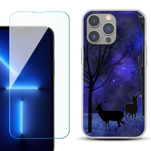 Slim-Fit Gel TPU Phone Case for iPhone 14 Pro Max, with Tempered Glass Screen Protector, by OneToughShield ® - Midnight Forest