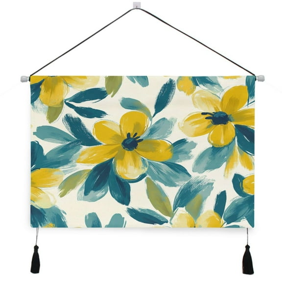 WOBOGO Yellow and Teal Flowers Living Room Canvas Wall Art Bedroom Study Framed Canvas Print Artwork Home Office Decorations 24.5×16.7in