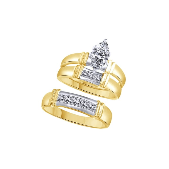 AFFY White Cubic Zirconia Engagement & Wedding Trio Fashion Ring Set In 14k Yellow Gold (1.5 Cttw)