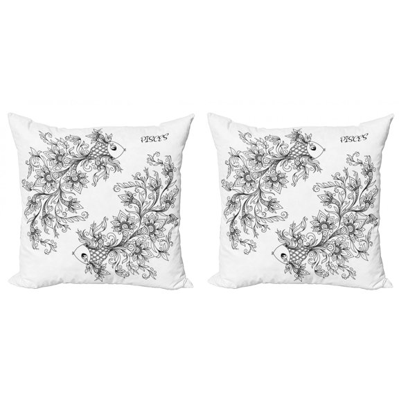 Ambesonne Floral Throw Pillow Cover 2 Pack, Astrology Pisces Sign, 16", Black White