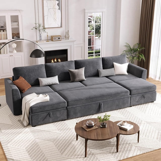 Sectional Sleeper Sofa with Pull Out Bed, Chenille Modular Sectional Couch with Pull Out Couch and Storage Seat & 2 Ottomans, Convertible Couches for Living Room