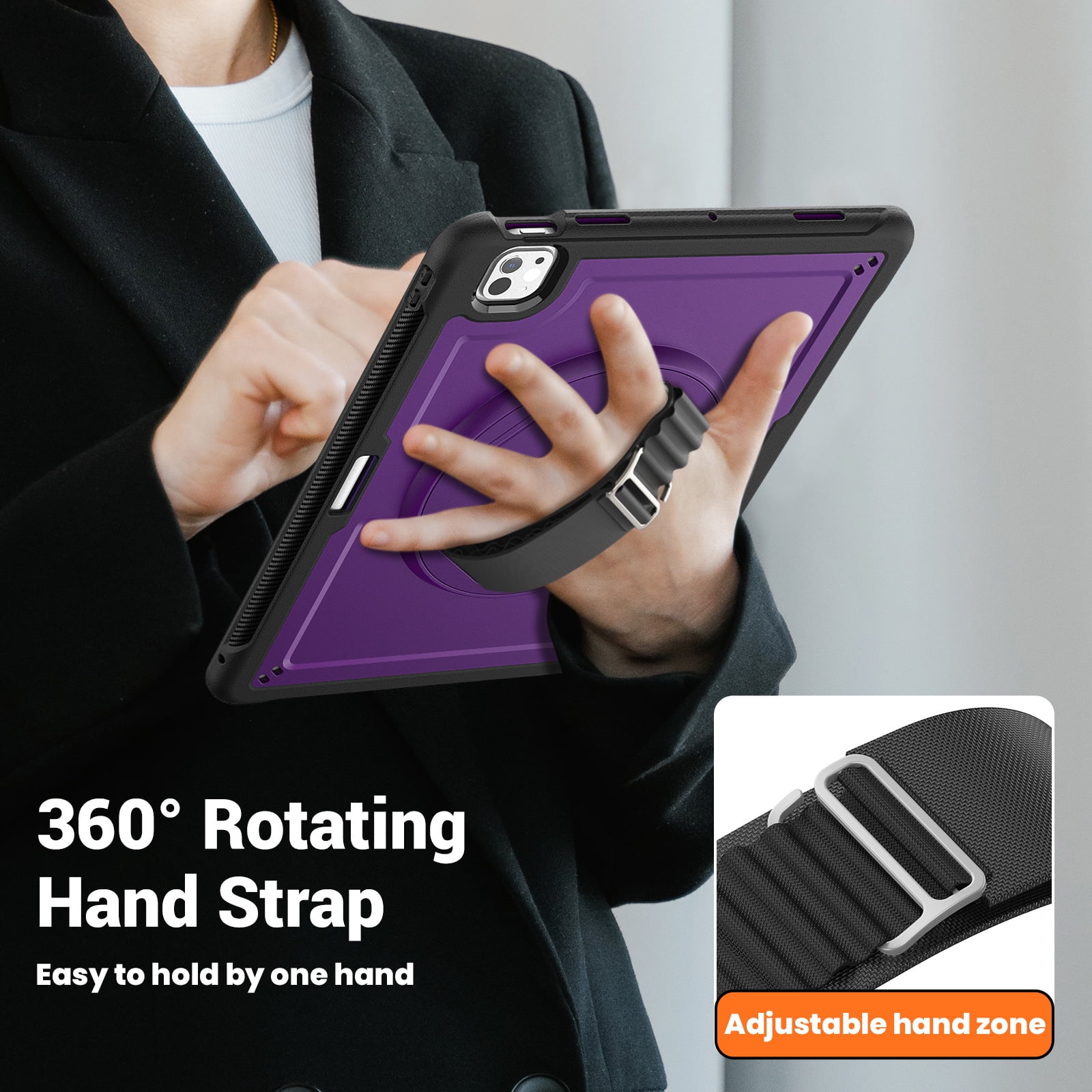 ELEHOLD Case for Apple iPad Pro 13 2024,Soft TPU Rugged Durable Case with 360° Rotating Hand Strap & Foldable Hidden Stand & Pencil Holder,Purple