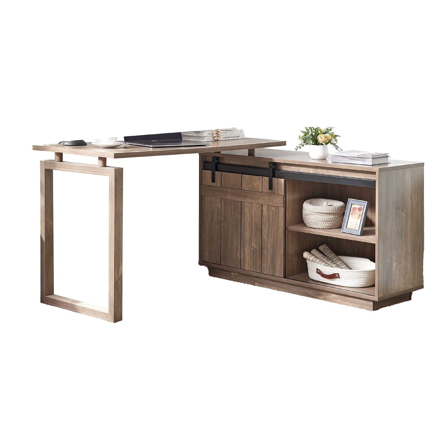 Benjara 56" Fior L Shaped Writing Desk in Hazelnut Brown Wood