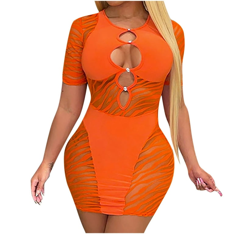 Womens Hollow Out Short Sleeve Bodycon Dress Sheer Mesh Dress Sexy Summer  Round Neck Dress Patchwork Mini Dress 