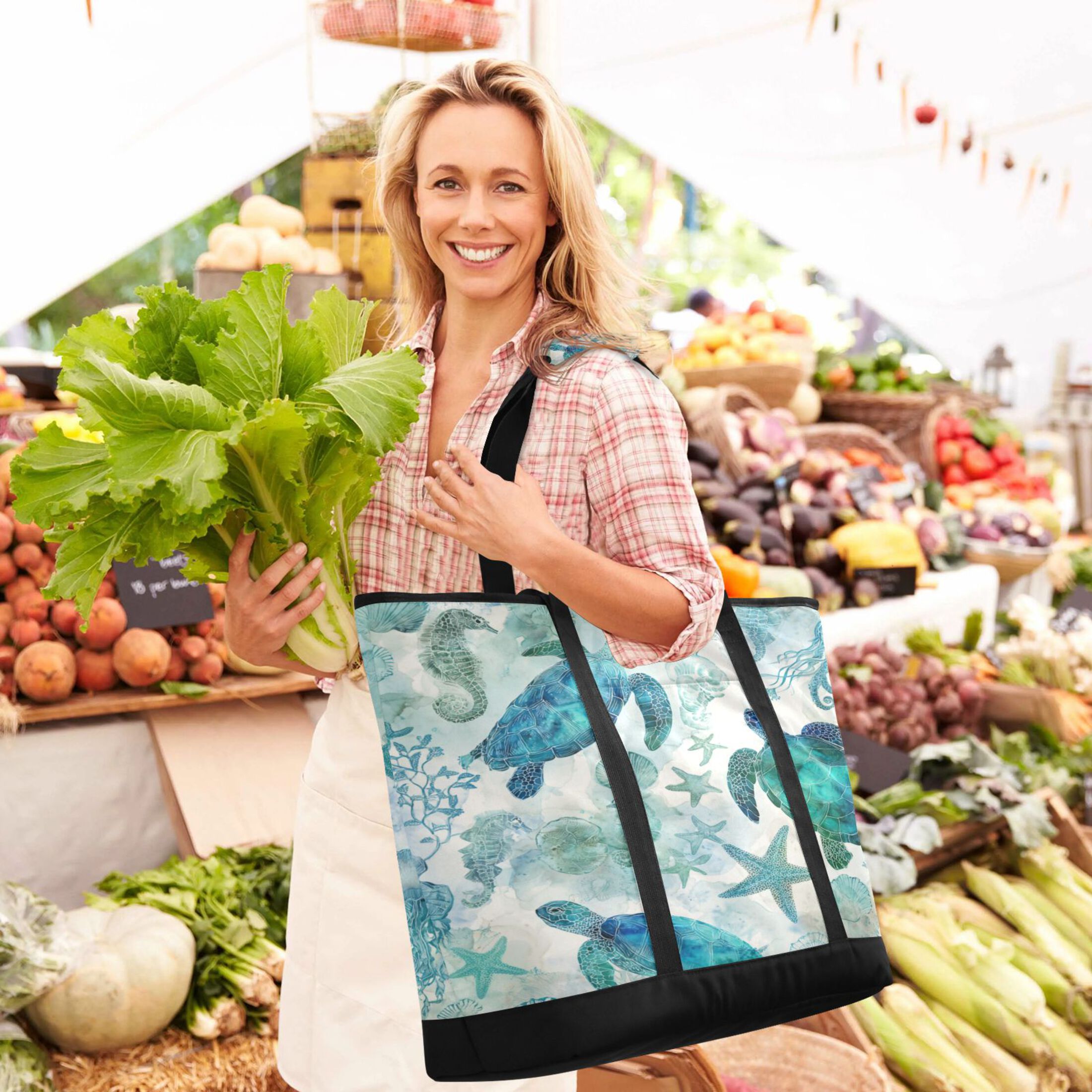 Extra-Large Wide Opening Design Capacity Hand-Held Ice Pack Thickened Insulation Layer For Long-Lasting Cold Retention For Outdoor Shopping Picnics And Camping Green Adorable Sea Creatures