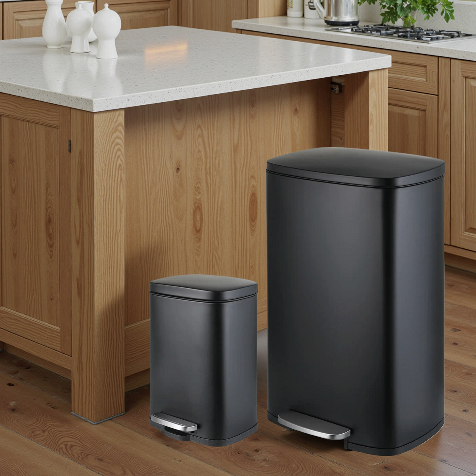 TLSUNNY 13.2+1.3 Gal Trash Can Set, Stainless Steel Kitchen Garbage Can Combo with Soft-Close Lids, Inner Bucket, Foot Step
