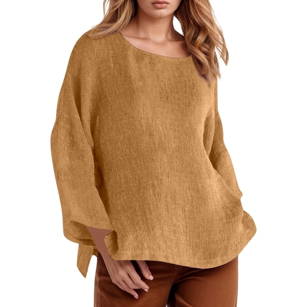 Camiseta de manga larga y cuello redondo de color liso para mujer: estilo informal y holgado, tejido de poliéster para los días más frescos.