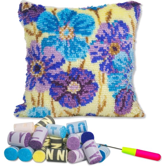 Latch Hook Kits for DIY Throw Pillow Cover,Purple Flowers Pattern Needlework Cushion Cover Hand Craft Crochet for Great Family 17x17inch