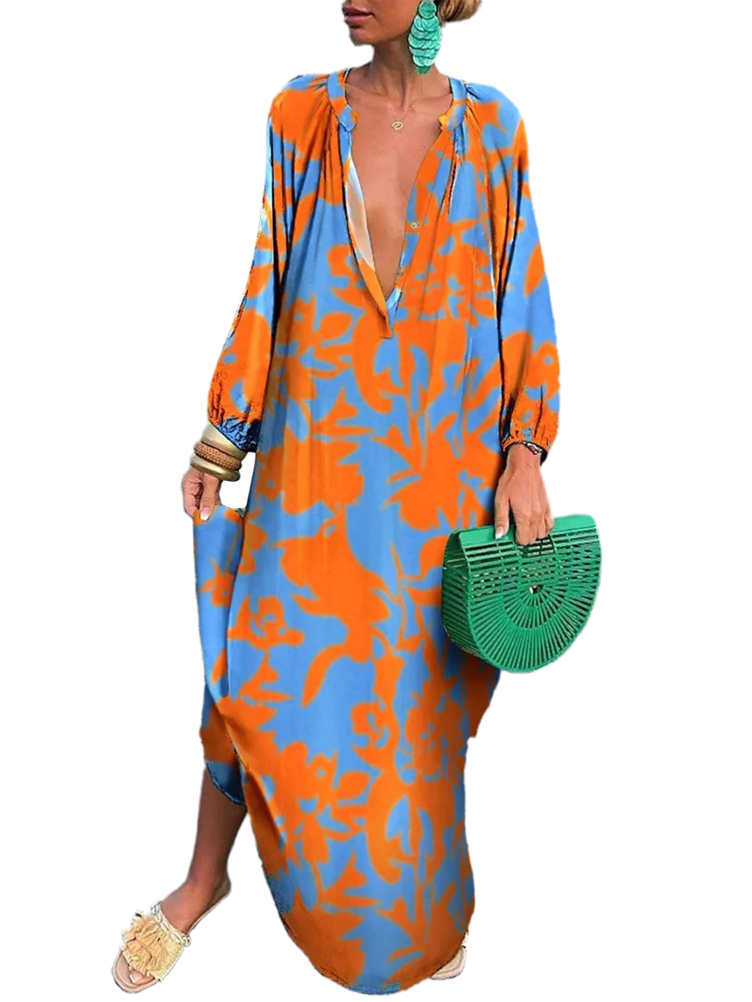 Innerwin Dress Button Down Women Maxi Dresses Autumn Long Sleeve Loose Orange S