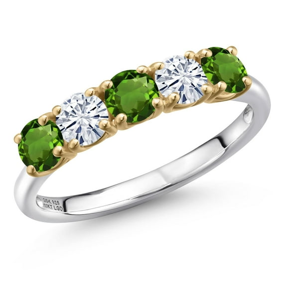 Gem Stone King 925 Silver and 10K Yellow Gold Green Tourmaline and White Moissanite Wedding-Bands Ring for Women | 1.21 Cttw | Round 4MM | Gemstone October Birthstone | Size 9