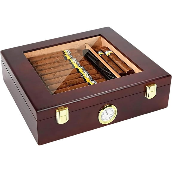Humidor Cigar Box for Men:Cigar Humidor Cedar Wood,Cigar Case for Holding 25 to 30 Cigars,Cigar Humidor with Humidity Monitoring System,Cigar Accessories for Men,10 * 8 in