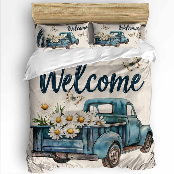 Truck Daisy King Size Comforter Set, Welcome Spring Rustic Soft Bedding for All Seasons, 4 Pcs Bed Set with 1Comforter (90"x106") ,1 Sheet(94"x116"), 2 Pillowcases (19"x35")