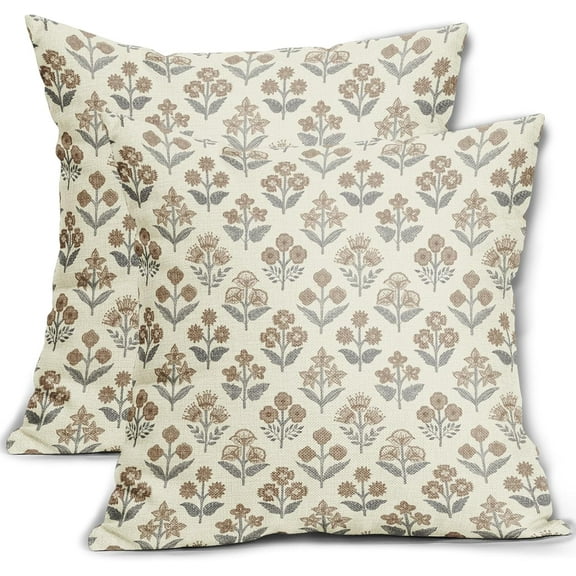 Brown Grey Gray Floral Block Print Pillow Covers 20x20 Inch Set of 2, Vintage Flower Pattern Decorative Throw Pillowcases Outdoor Farmhouse Cushion Covers Spring Summer Rustic Sofa Couch Bed Decor