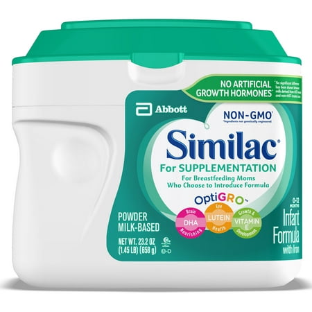 Similac For Supplementation, 4 Tubs, Gentle Non-GMO Infant Formula, for Breastfed Babies, with Prebiotics, Supports Brain & Eye Development, Powder, 23.2-oz each