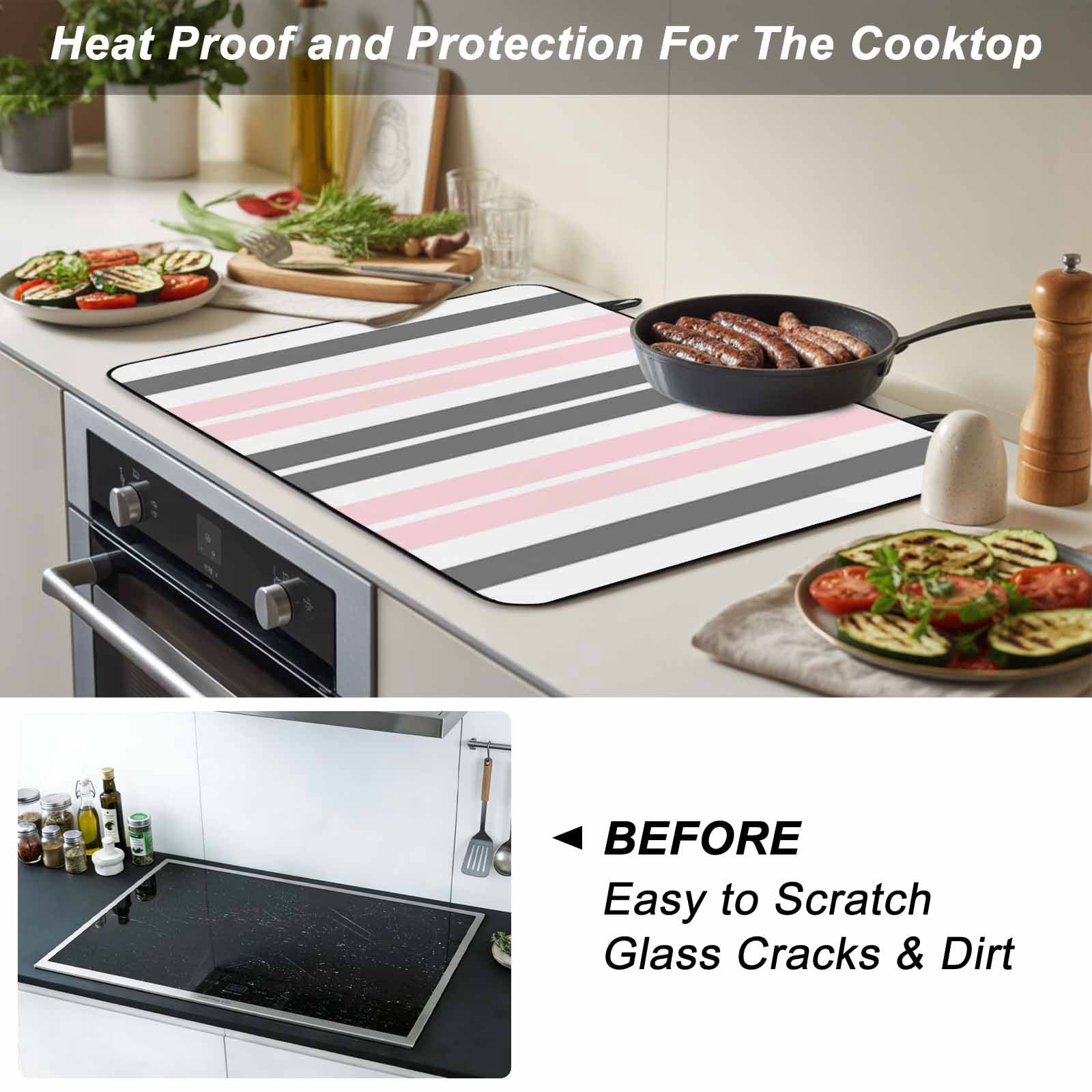 Pink Grey Striped Stove Top Cover for Electric Stove, Heat-proof & Non Slip Glass Top Stove Cover Protector, Gray Modern Abstract Art Kitchen Flat Cooktop Rubber Mat 28.5x20.5 Inches