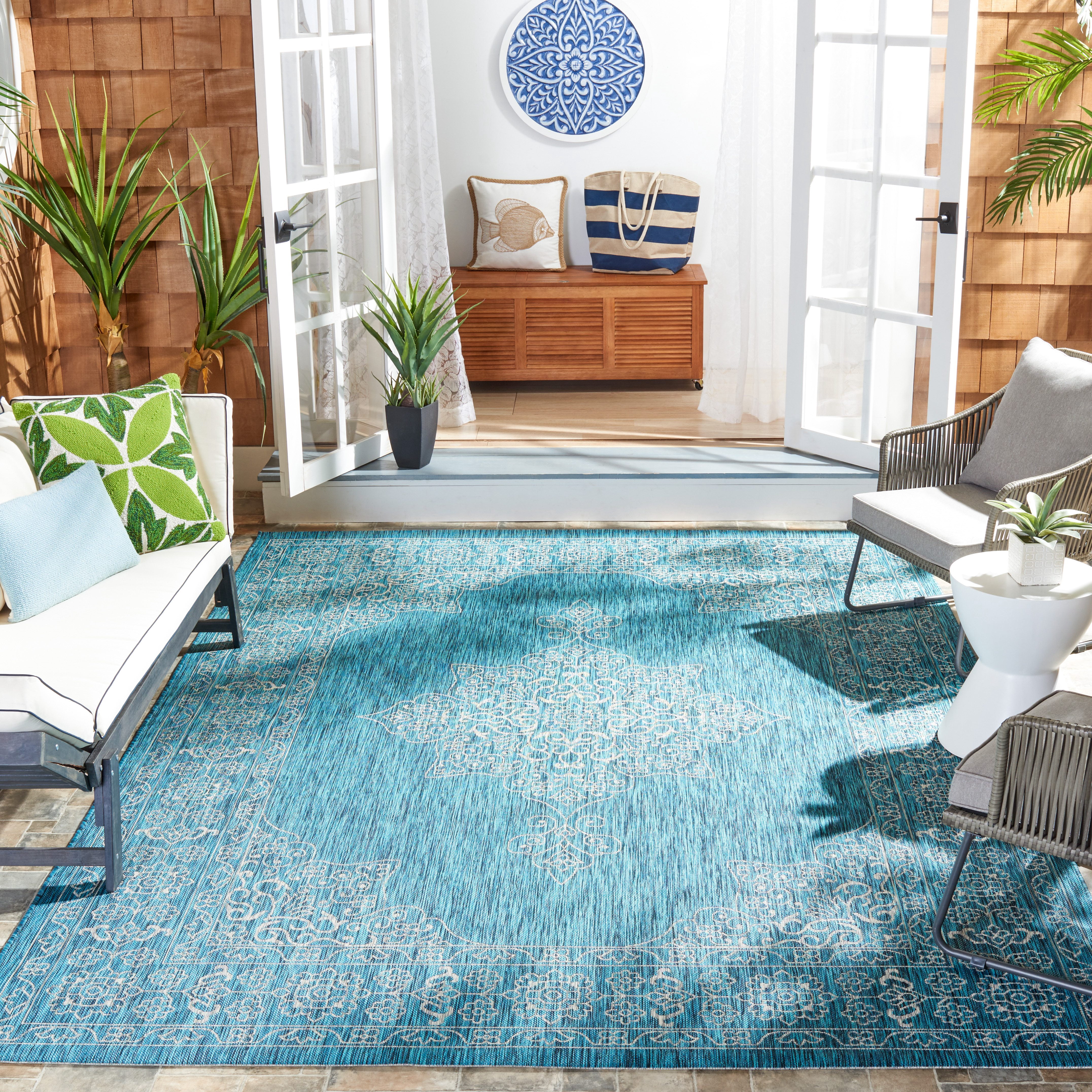 SAFAVIEH Courtyard Delbet Medallion Indoor/Outdoor Area Rug, Teal/Ivory, 8' x 11'