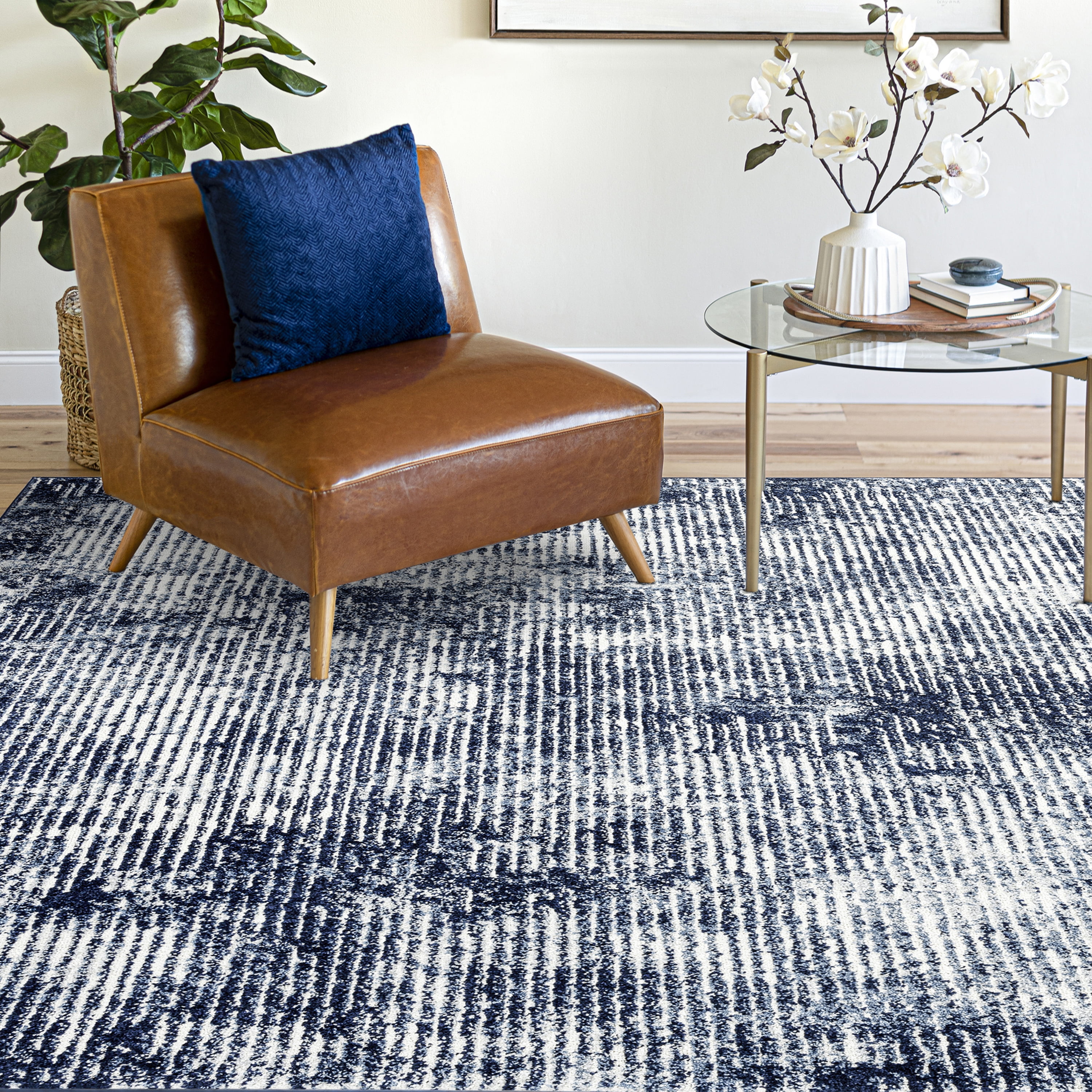 Contemporary 2x3 Area Rug (2' x 3') Abstract Navy, Cream Indoor Scatter Easy to Clean