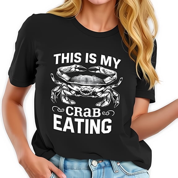 Stylish Black Cotton Short Sleeve T-Shirt with Central Crab Graphic and " THIS IS MY CRAB EATING " Text - Fun Seafood Lover Tee