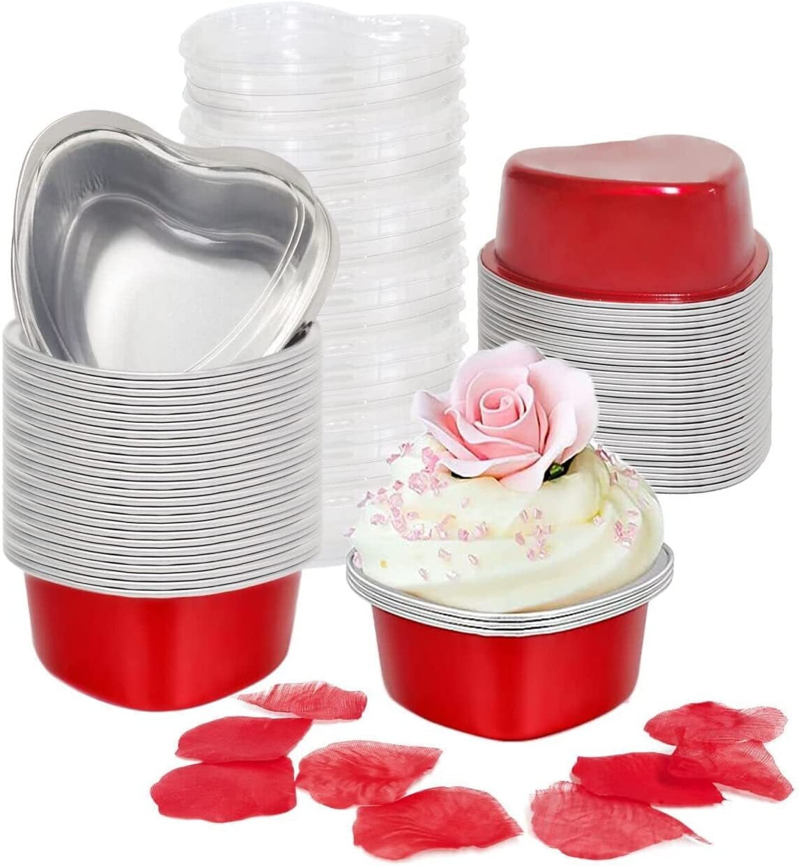 50 Sets Heart Shaped Cake Pans with Lids, 3.4 Ounces/ 100 ml, Aluminum