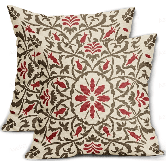 Aaekzj Brown Red Boho Pillow Covers 16x16 Inch Bohemian Ethnic Carpet Style Vintage Flower Print Decorative Throw Pillows Outdoor Linen Square Cushion Case Farmhouse Decor Set of 2