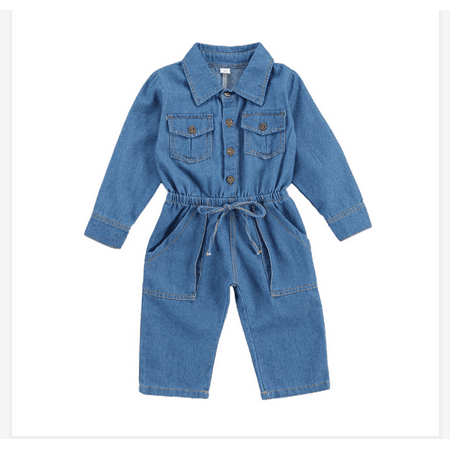 

Kiapeise Baby Girl Romper Denim Jumpsuit Fall Long-Sleeved Lapel Collar Chest Pocket Lace-up High Waist Clothes