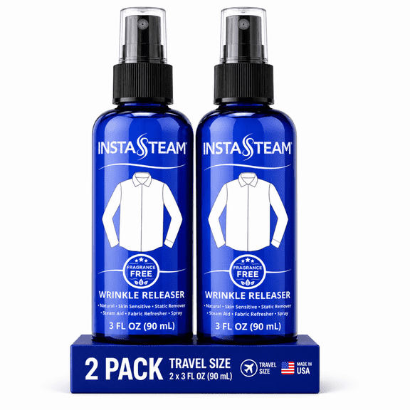 InstaSteam Clothes Wrinkle Release Spray Travel Size Skin Sensitive - Fragrance Free Wrinkle Releaser - Fabric Deodorizer, Fabric Softener, Anti Static Spray - Travel Essential 3 Fl Oz (Pack of 2)