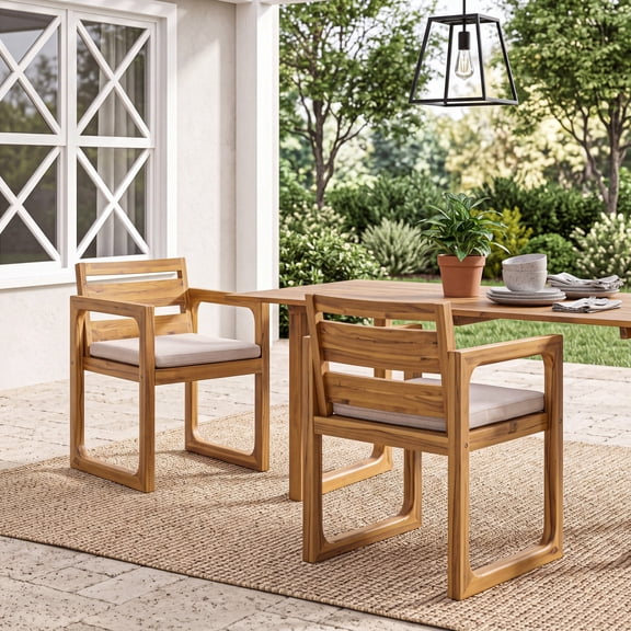 Christopher Knight Home Set of 2 Outdoor Dining Chairs, Acacia Wood Patio Armchairs with Cushions, Teak Beige