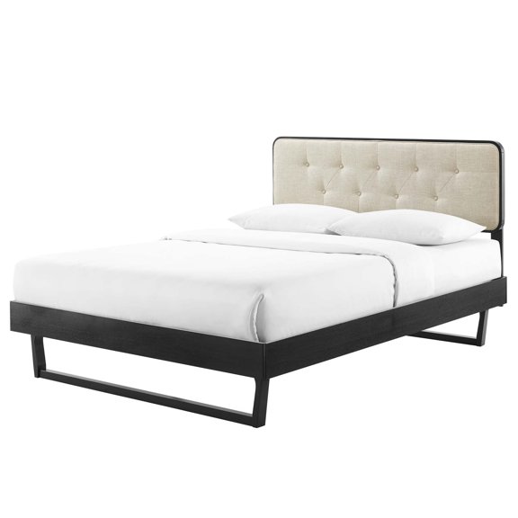 Platform Bed Frame, Queen Size, Fabric, Wood, Black Beige, Modern Contemporary Urban Design, Bedroom Master Guest Suite