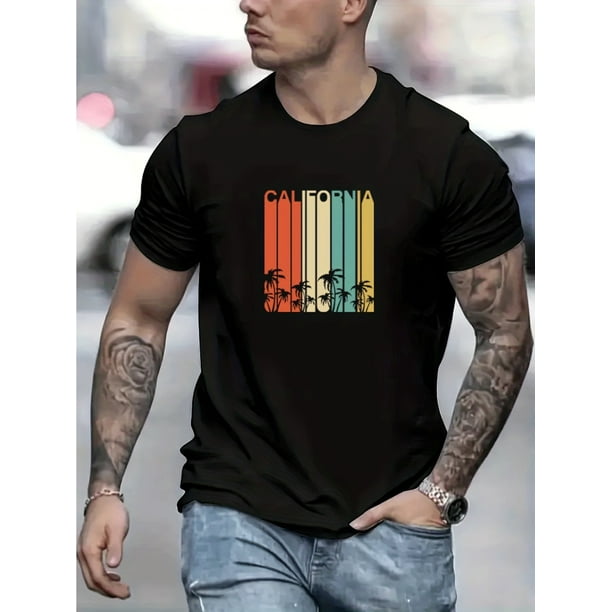 Coconut Palm Print T-shirt, Men's Casual Street Style Stretch Round Neck Tee Shirt For Summer