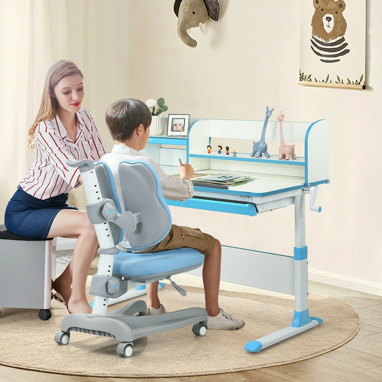Gymax Adjustable Kids Study Desk Drafting Table Chair Set w Bookshelf Blue