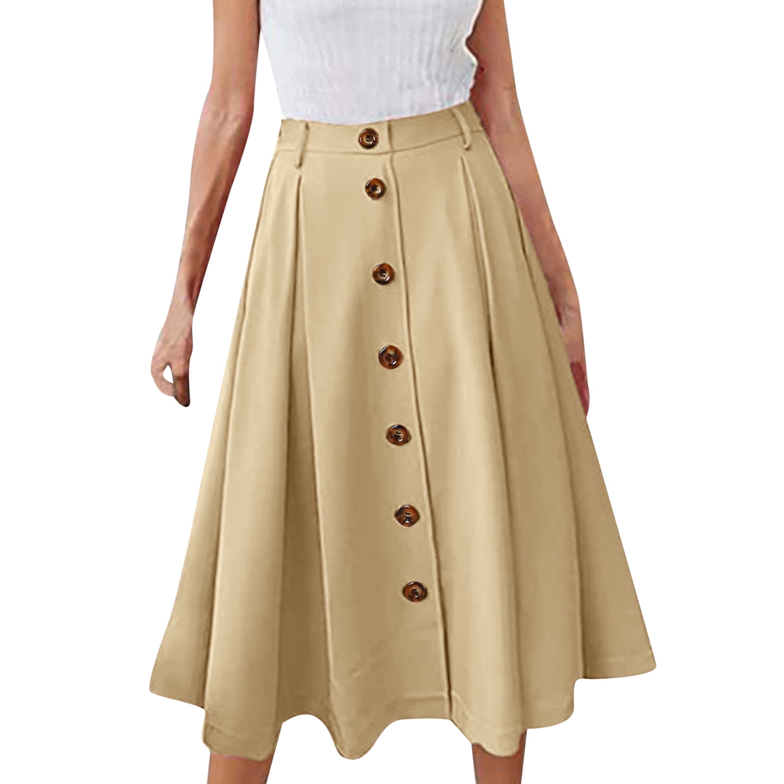 xiuh women's solid color elastic waist pleated button front long skirt ...