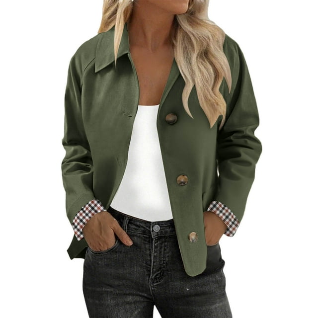 HongQid Womens Cropped Trench Coat Classic Collar Oversized Casual Jackets with Checkered Lining