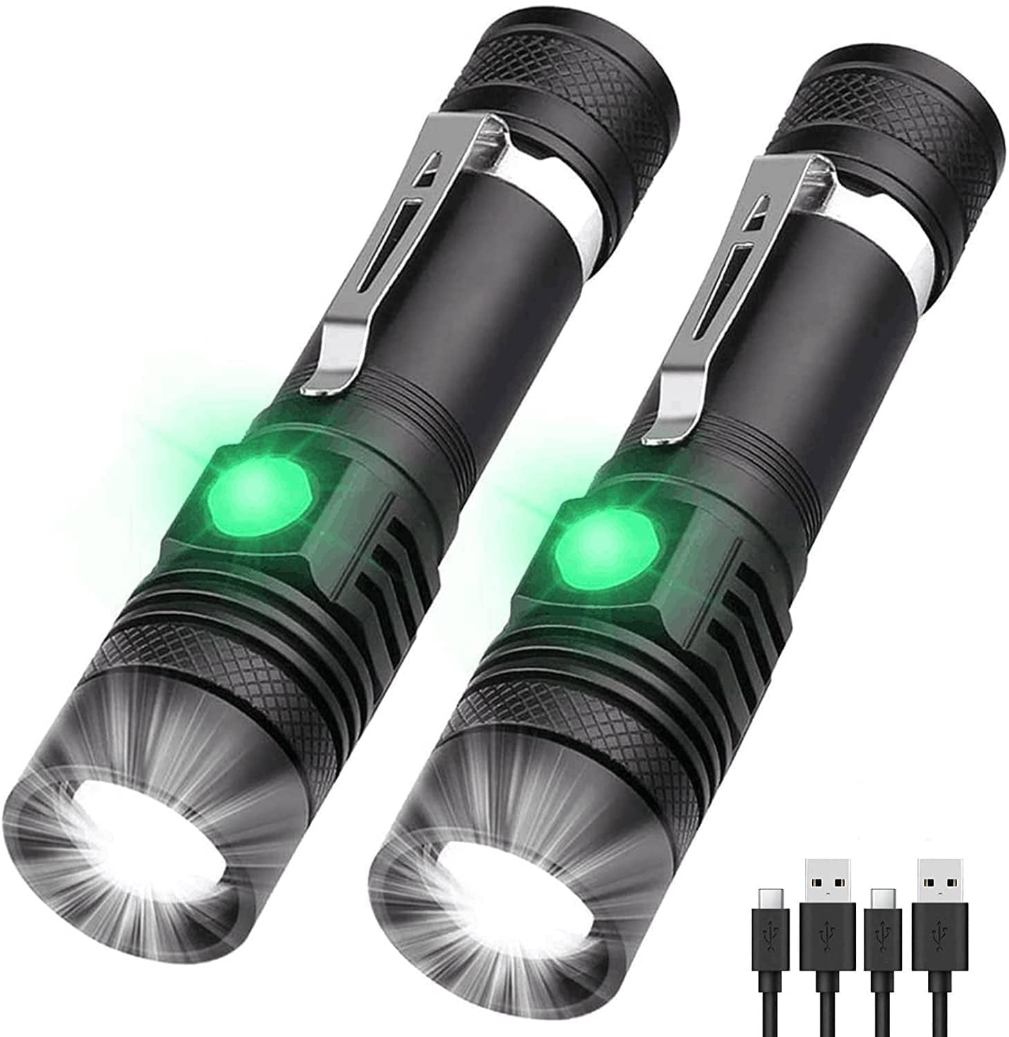 Rechargeable Flashlight, LED Tactical Flashlight, 1200 Lumens Super Bright Pocket-Sized T6 LED Torch with Clip, IPX6 Water Resistant, 4 Modes for Camping Hiking Emergency (2 Pack)