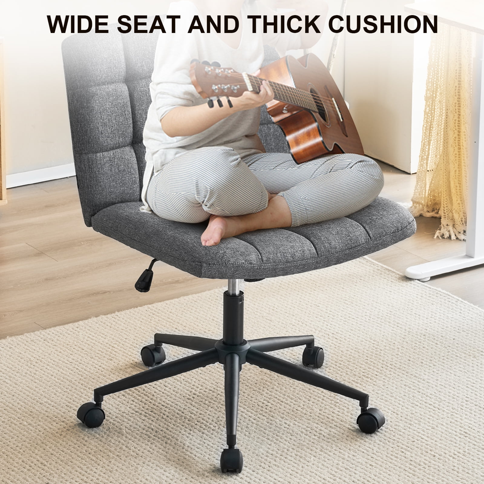 Fumahaus Modern Armless Home Office Chair Wide Desk Chair with Wheels Adjustable Swivel Task Chair for Home Office, Bedroom. Linen-DarkGrey